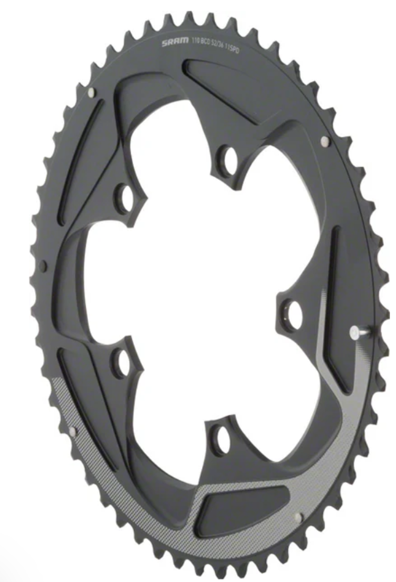 SRAM 52 Tooth 11-Speed 110mm BCD Yaw Chainring Black With Trim Use With 36 Or 38T Silver